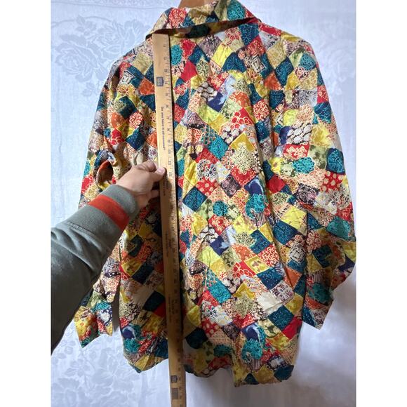 Robert Stock 100% Silk Button Up Small Colorful Geometric Floral Patchwork 90s - Picture 12 of 12